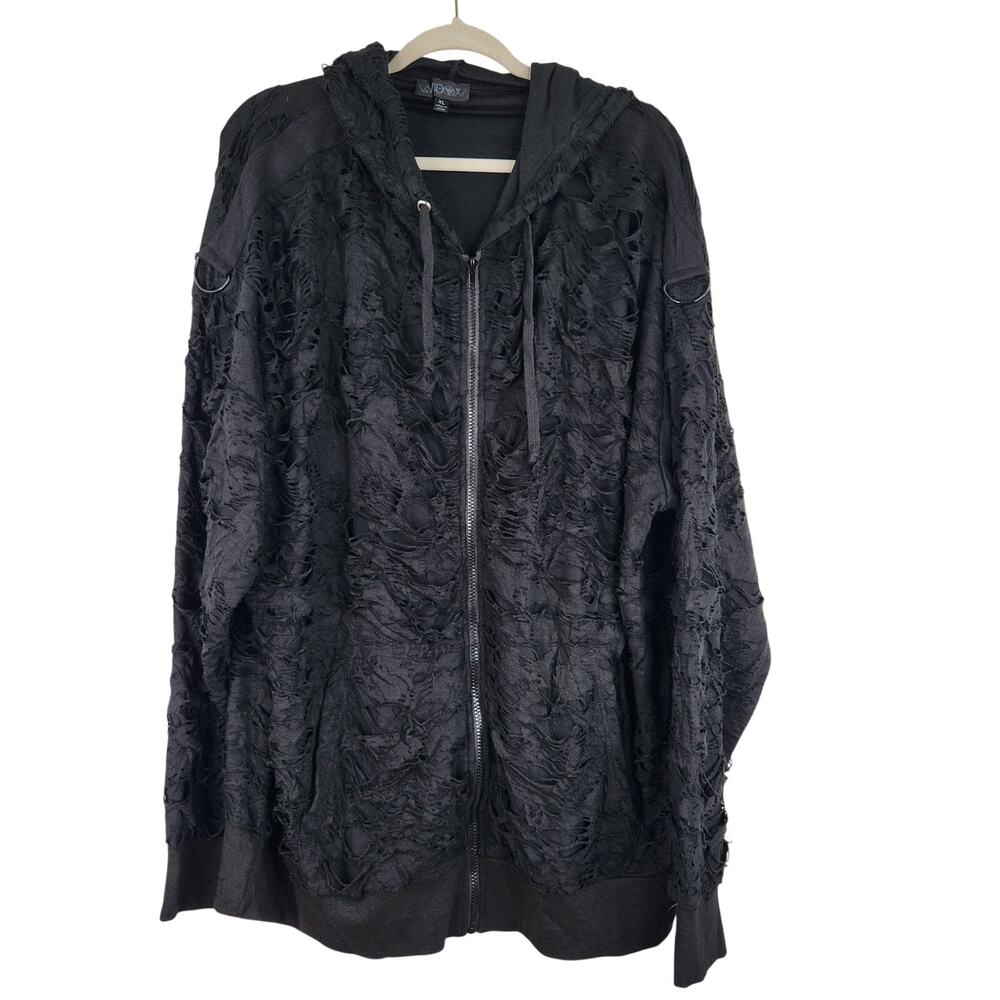 Widow Black Distressed Full Zip Hoodie Unisex Size XL Gothic Grunge Punk